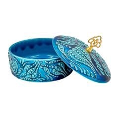 Seramik Tezhip Sanatı ile yapılmış Şekerlik Kapaklı  Mavi