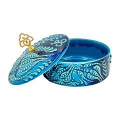 Seramik Tezhip Sanatı ile yapılmış Şekerlik Kapaklı  Mavi